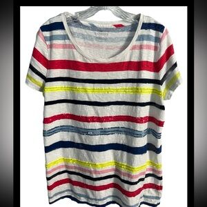 TALBOTS WOMEN'S Short Sleeve TEE shirt top  SZ LG White Colorful Stripes Sequins